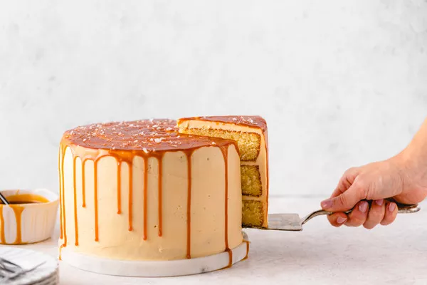 salted caramel cake made with domino golden sugar