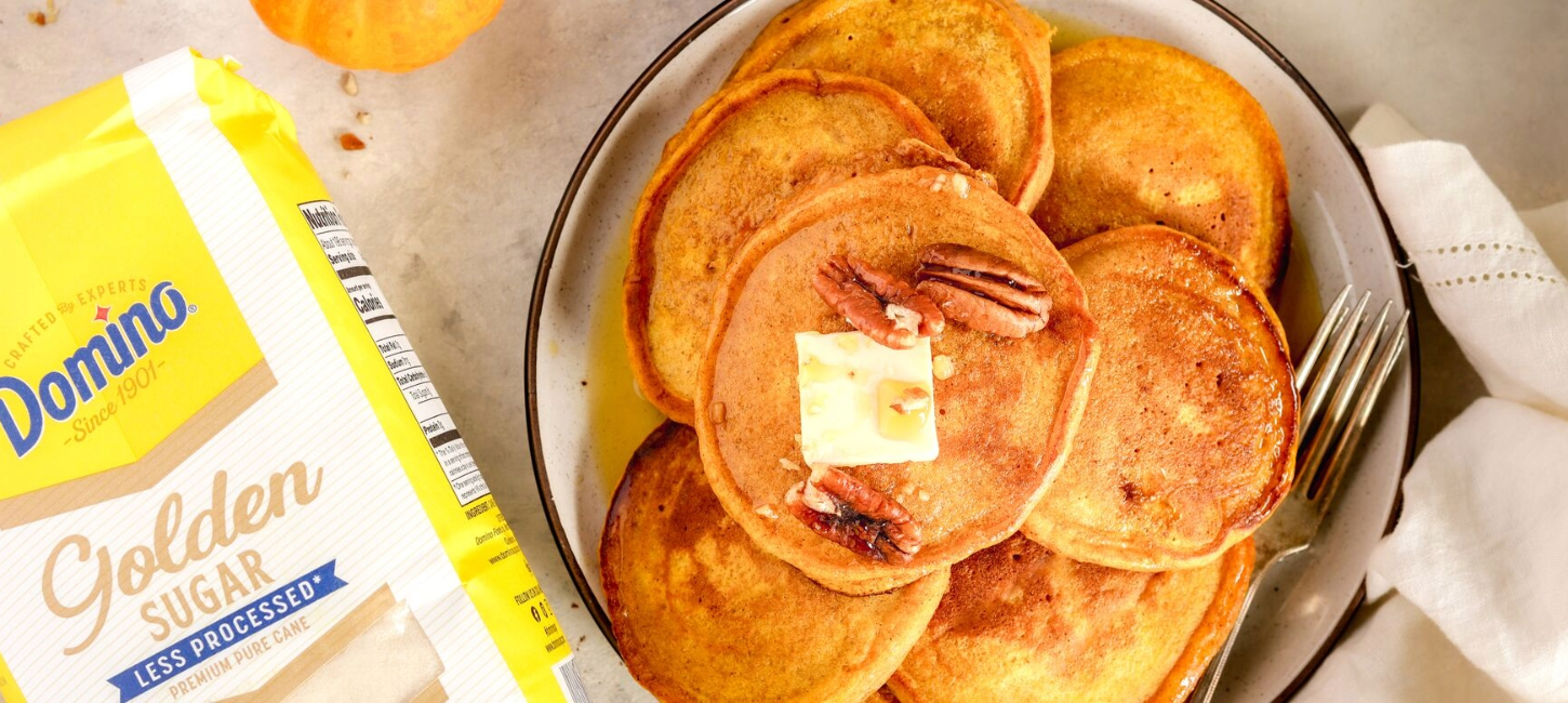 domino golden sugar and plate of buttermilk pumpkin pancakes